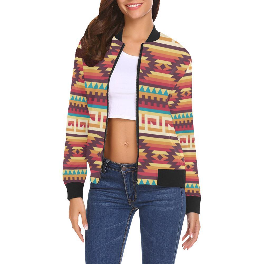 Aztec Native American Tribal Navajo Indians Print Women Casual Bomber Jacket-grizzshop