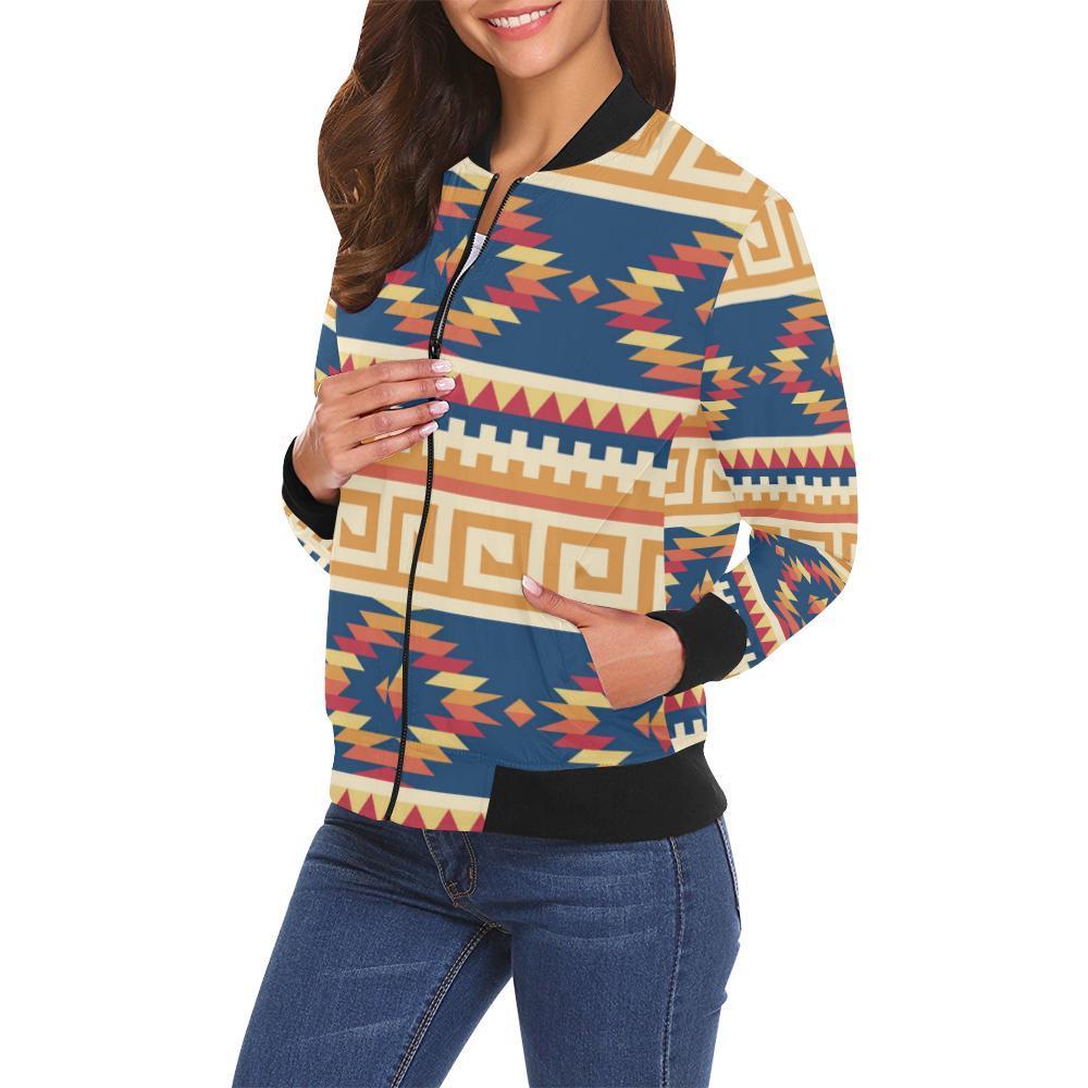 Aztec Tribal Indians Navajo Native American Print Women Casual Bomber Jacket-grizzshop