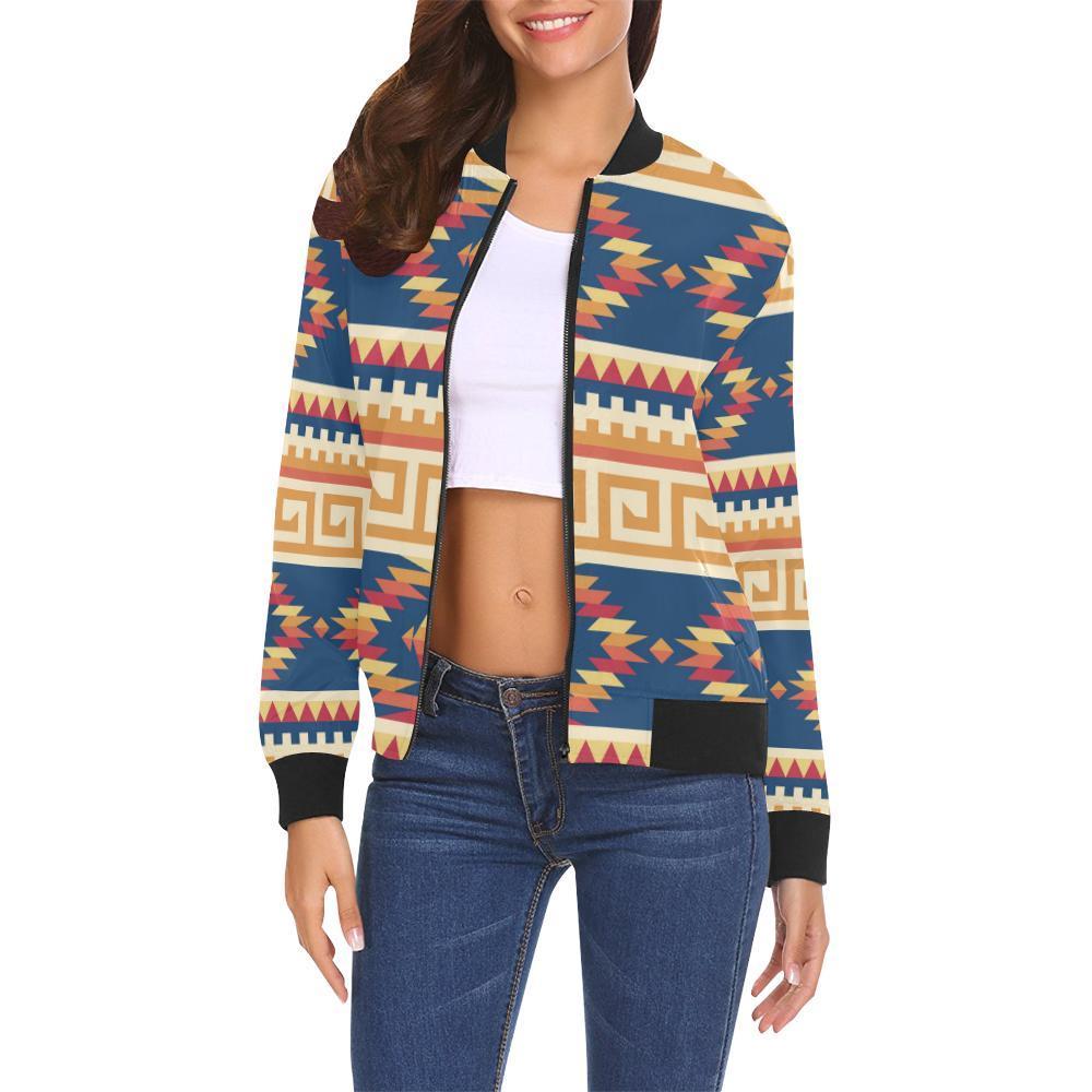Aztec Tribal Indians Navajo Native American Print Women Casual Bomber Jacket-grizzshop
