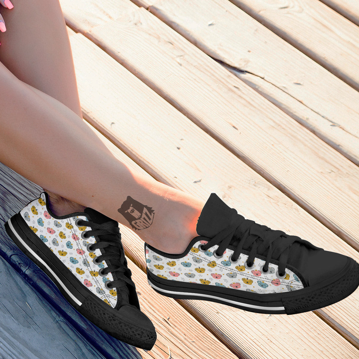 Baby Bear Colorful Cartoon Print Pattern Black Low Top Shoes-grizzshop