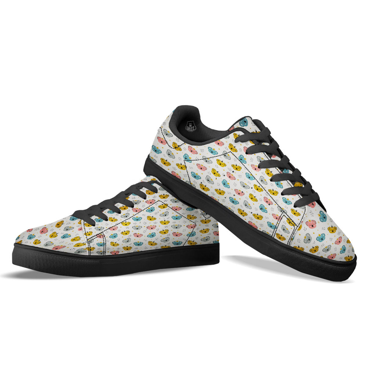 Baby Bear Colorful Cartoon Print Pattern Black Low Top Sneakers-grizzshop