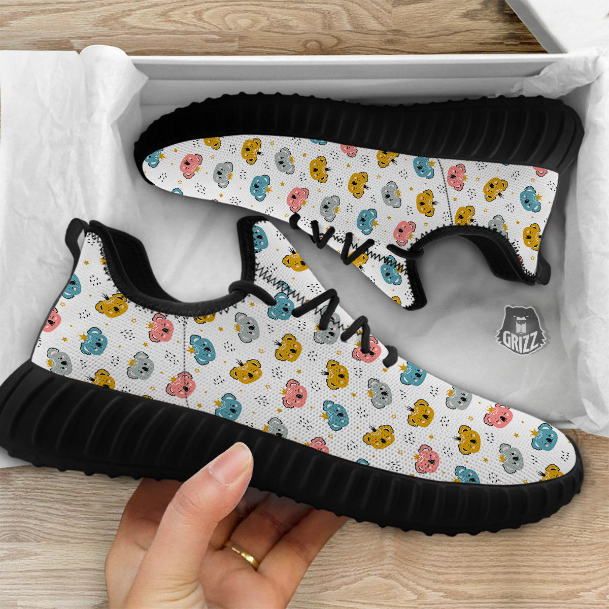 Baby Bear Colorful Cartoon Print Pattern Black Walking Shoes-grizzshop