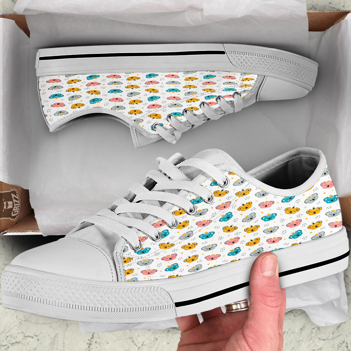 Baby Bear Colorful Cartoon Print Pattern White Low Top Shoes-grizzshop