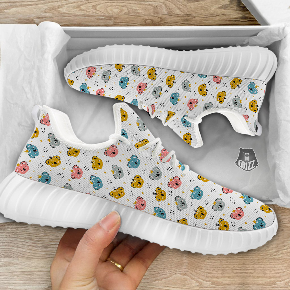 Baby Bear Colorful Cartoon Print Pattern White Walking Shoes-grizzshop