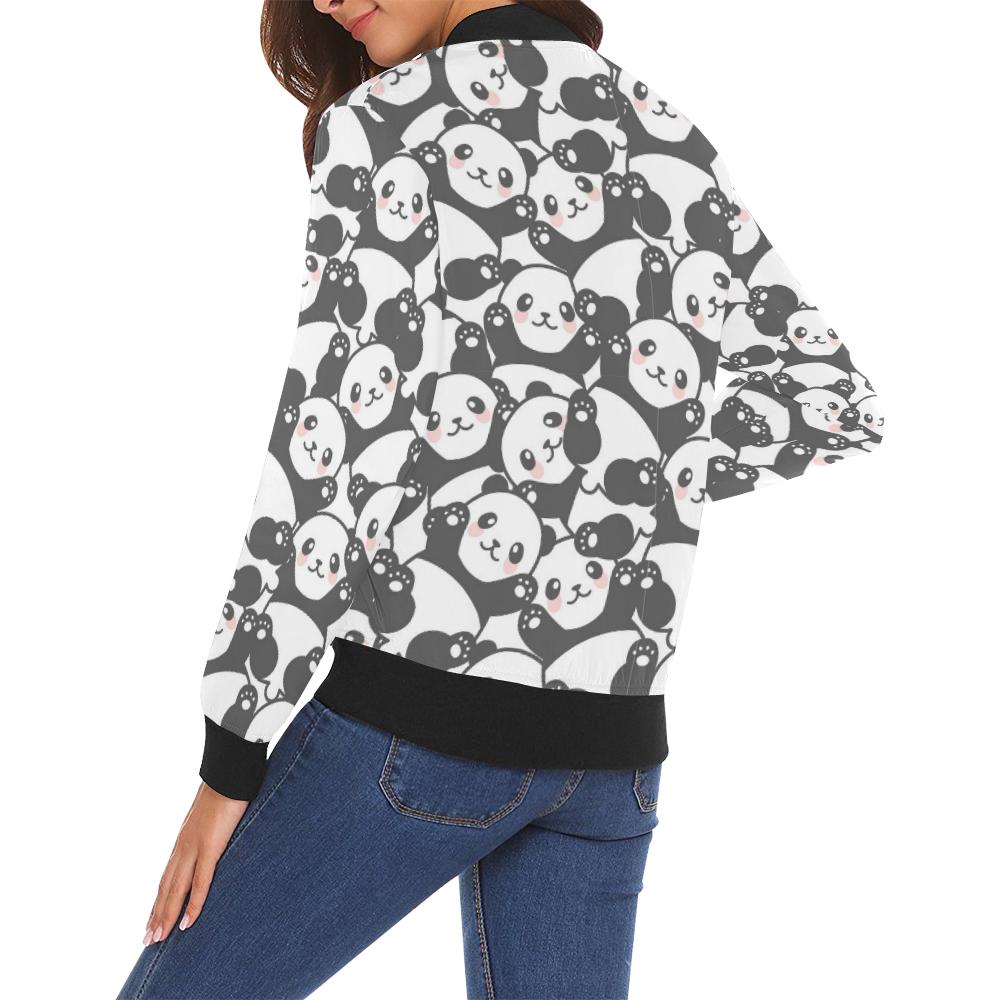 Baby Panda Pattern Print Women Casual Bomber Jacket-grizzshop