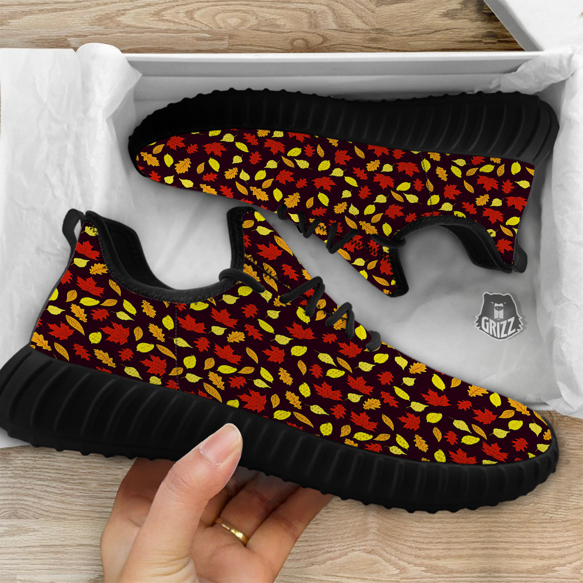 Back And Elm Maple Leave Print Pattern Black Walking Shoes-grizzshop