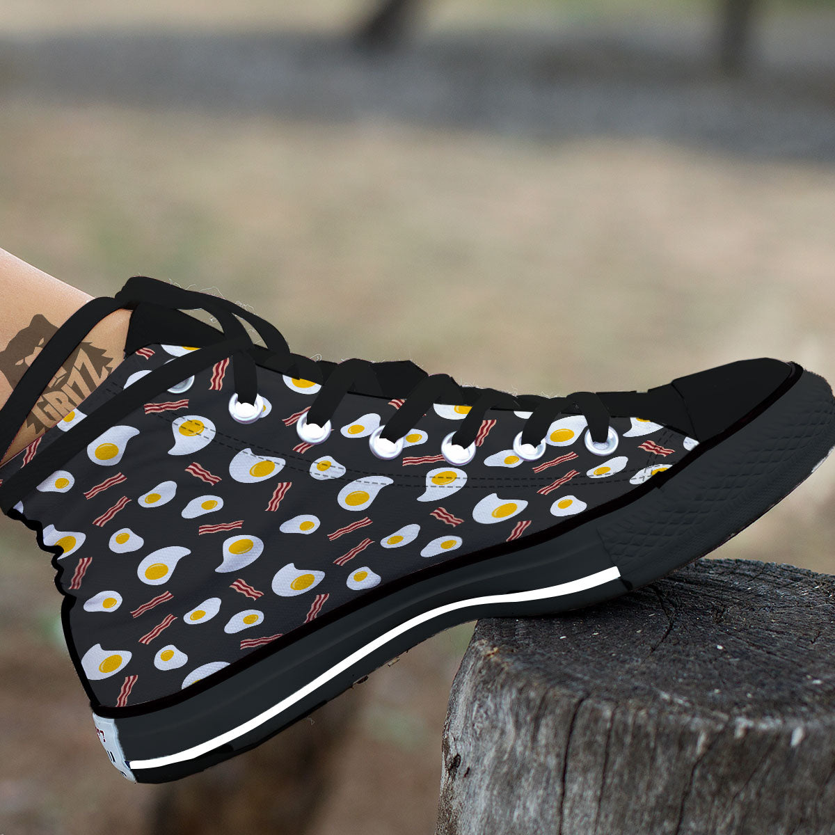Bacon And Black Fried Egg Print Pattern Black High Top Shoes-grizzshop
