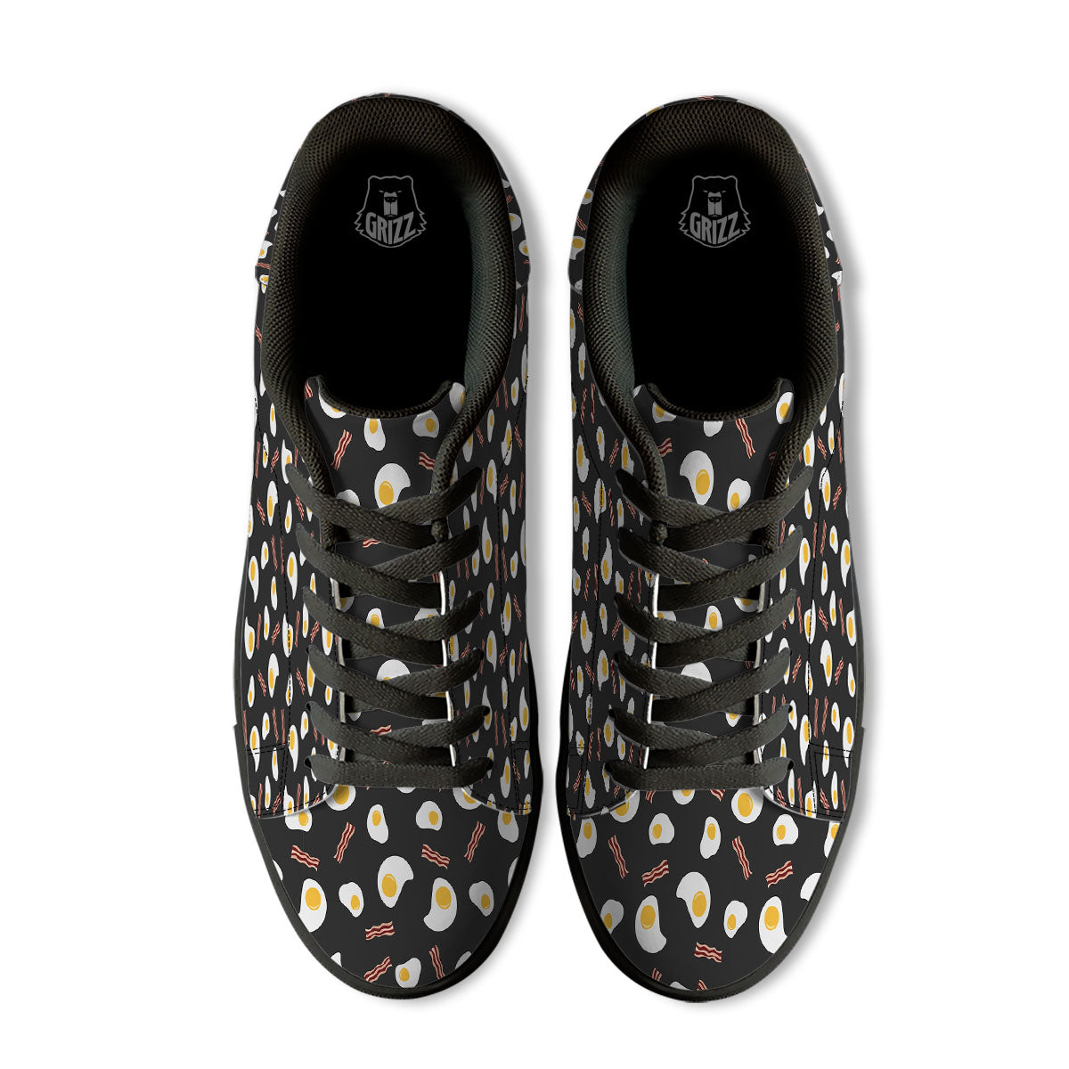 Bacon And Black Fried Egg Print Pattern Black Low Top Sneakers-grizzshop