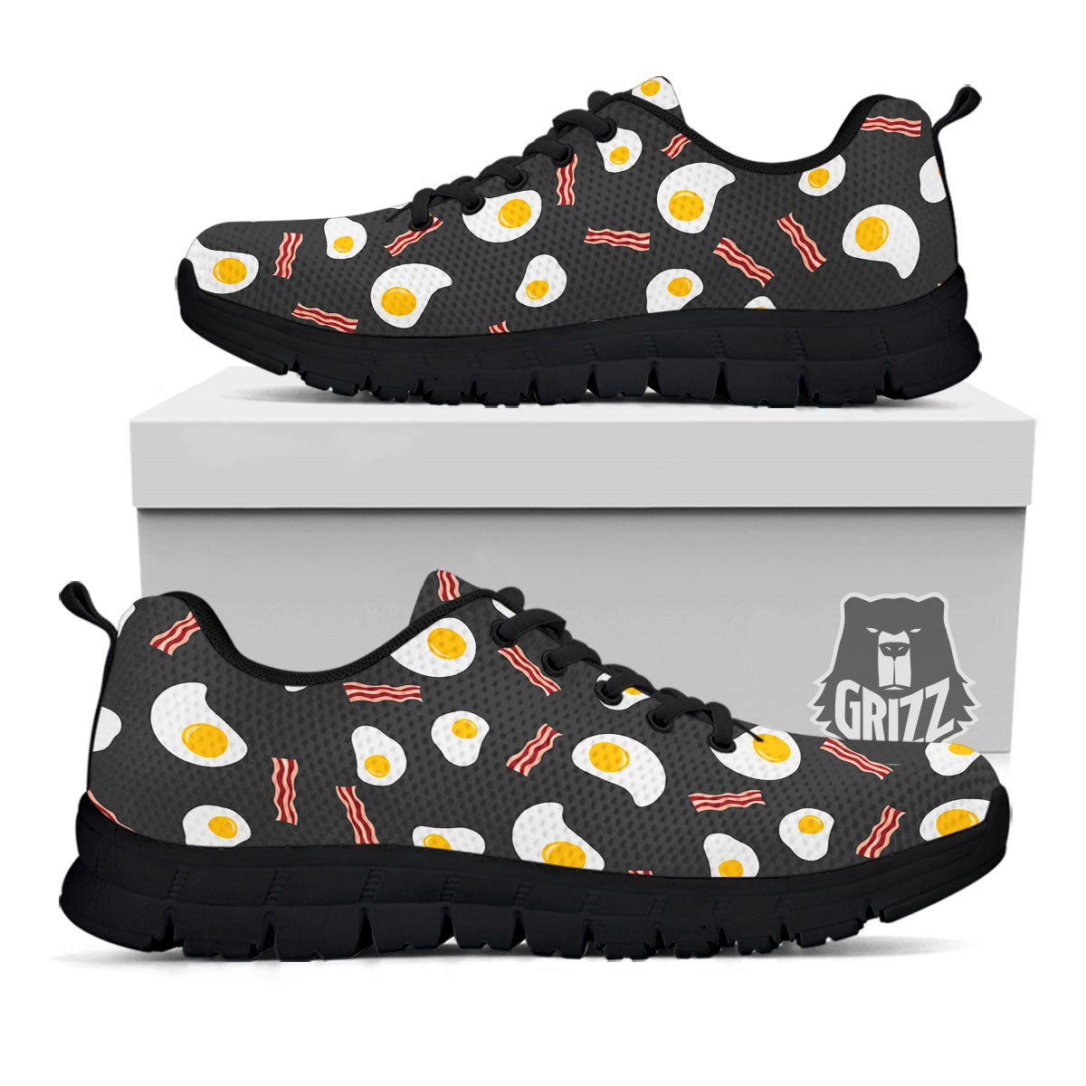 Bacon And Black Fried Egg Print Pattern Black Sneaker-grizzshop