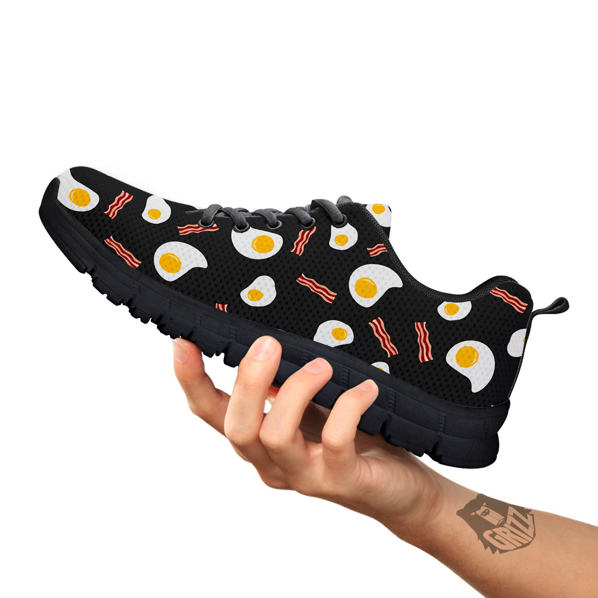 Bacon And Black Fried Egg Print Pattern Black Sneaker-grizzshop