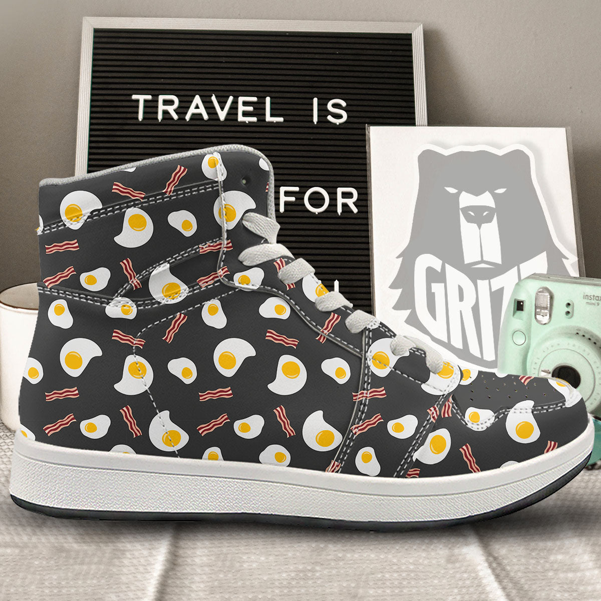 Bacon And Black Fried Egg Print Pattern High Top Sneakers-grizzshop