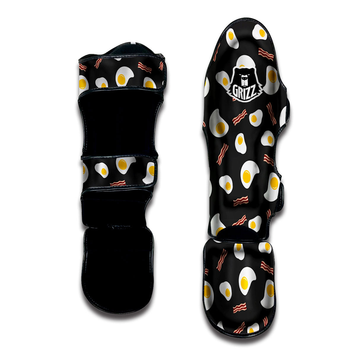 Bacon And Black Fried Egg Print Pattern Muay Thai Shin Guards-grizzshop