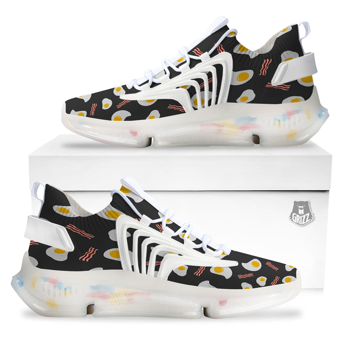 Bacon And Black Fried Egg Print Pattern White Gym Shoes-grizzshop