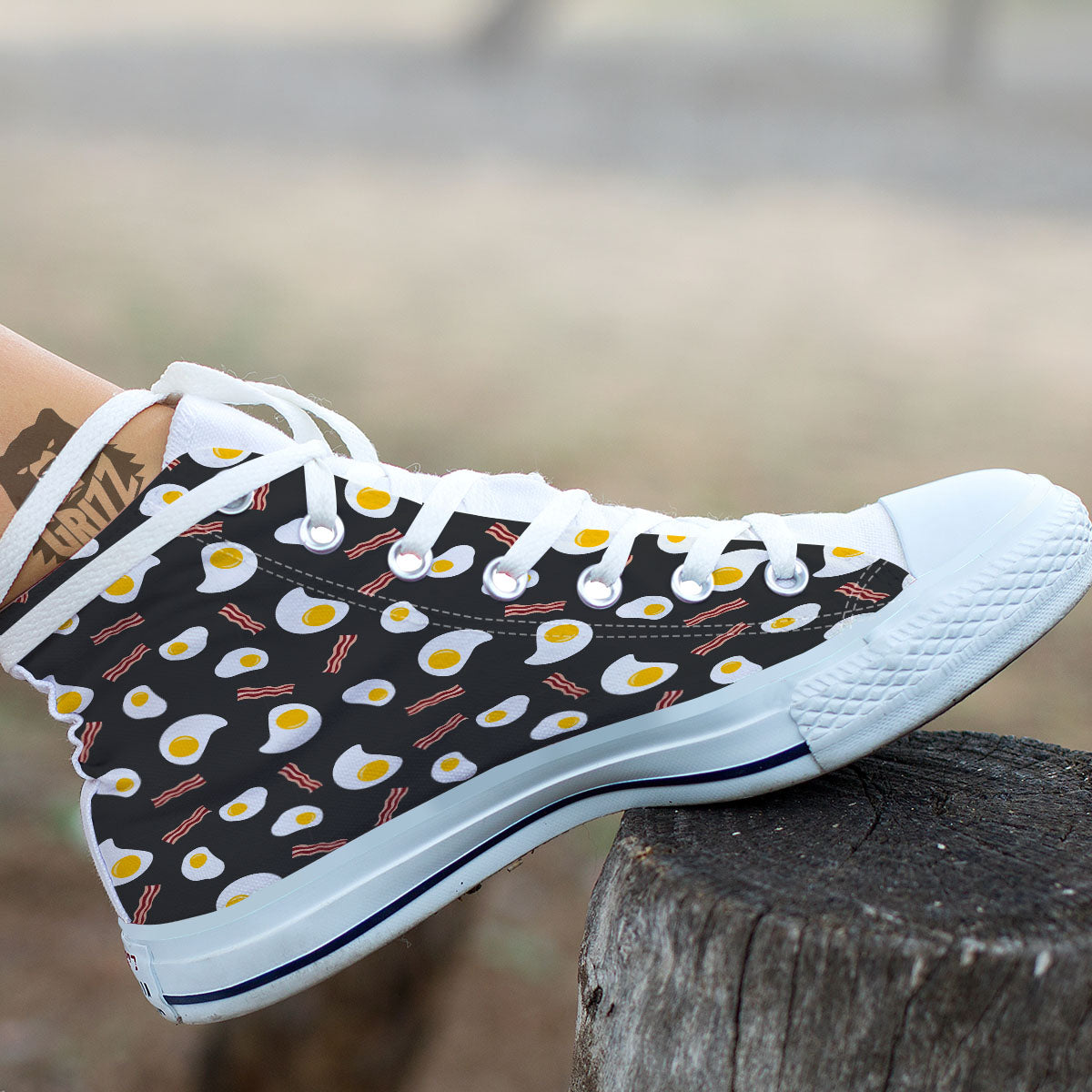 Bacon And Black Fried Egg Print Pattern White High Top Shoes-grizzshop