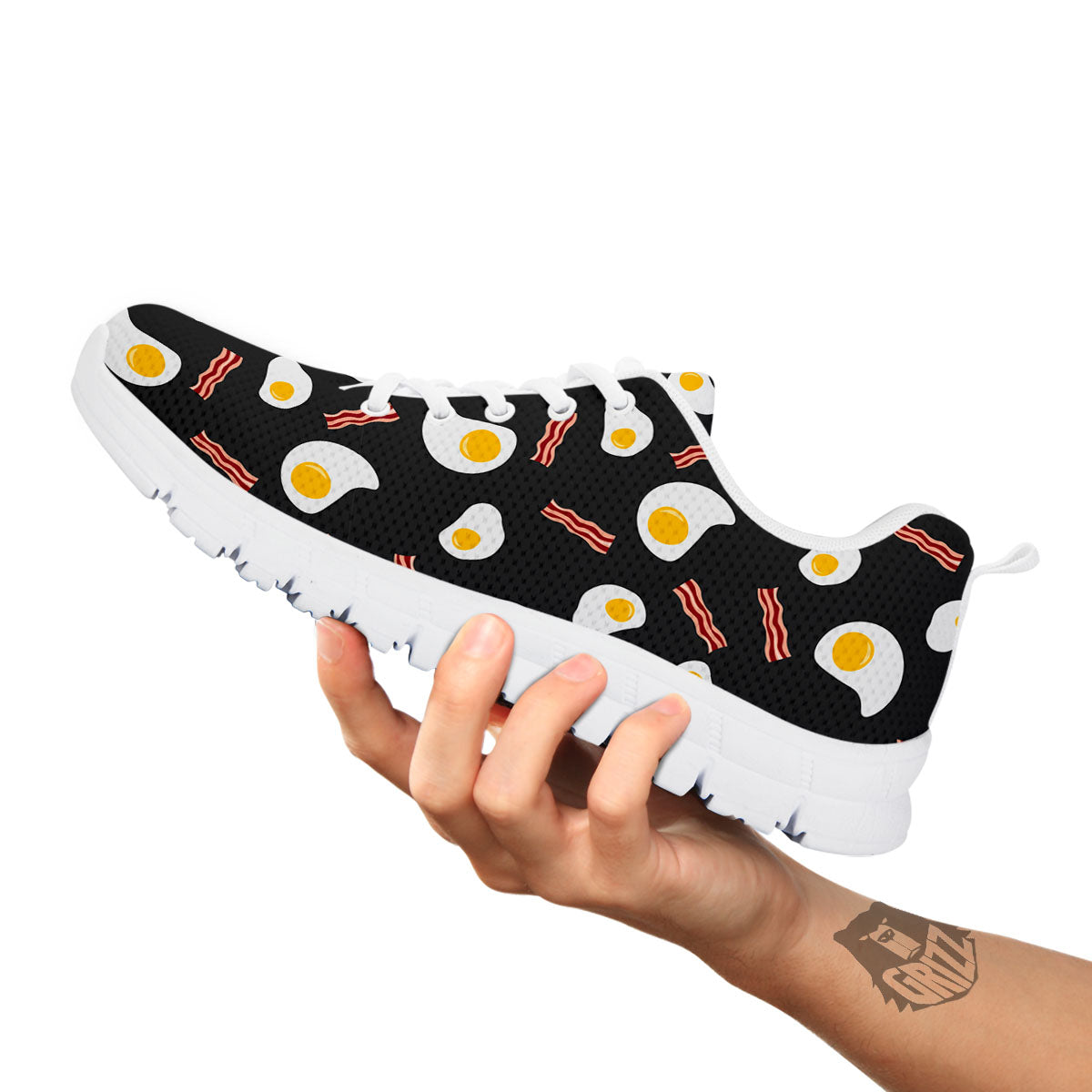 Bacon And Black Fried Egg Print Pattern White Sneaker-grizzshop