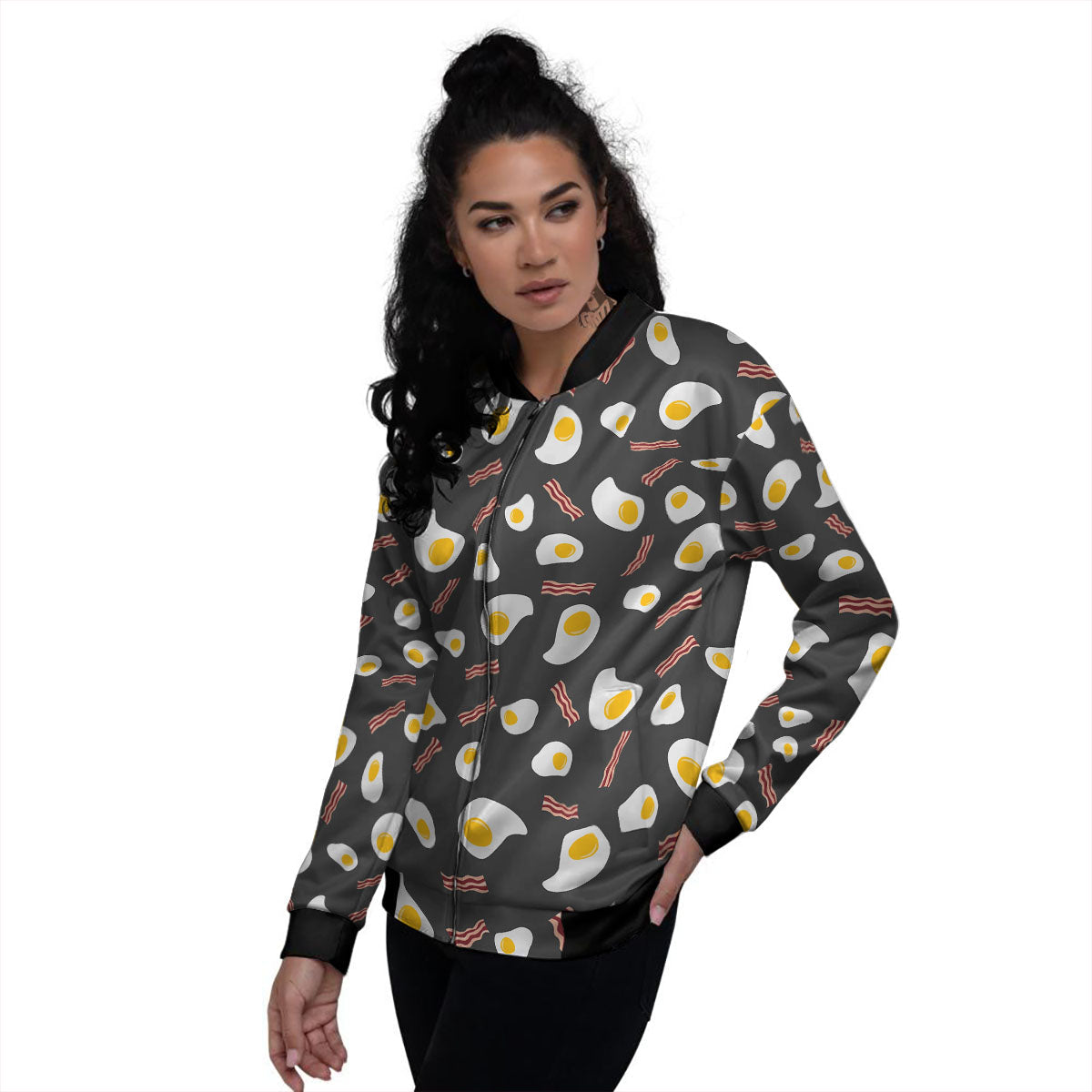 Bacon And Black Fried Egg Print Pattern Women's Bomber Jacket-grizzshop