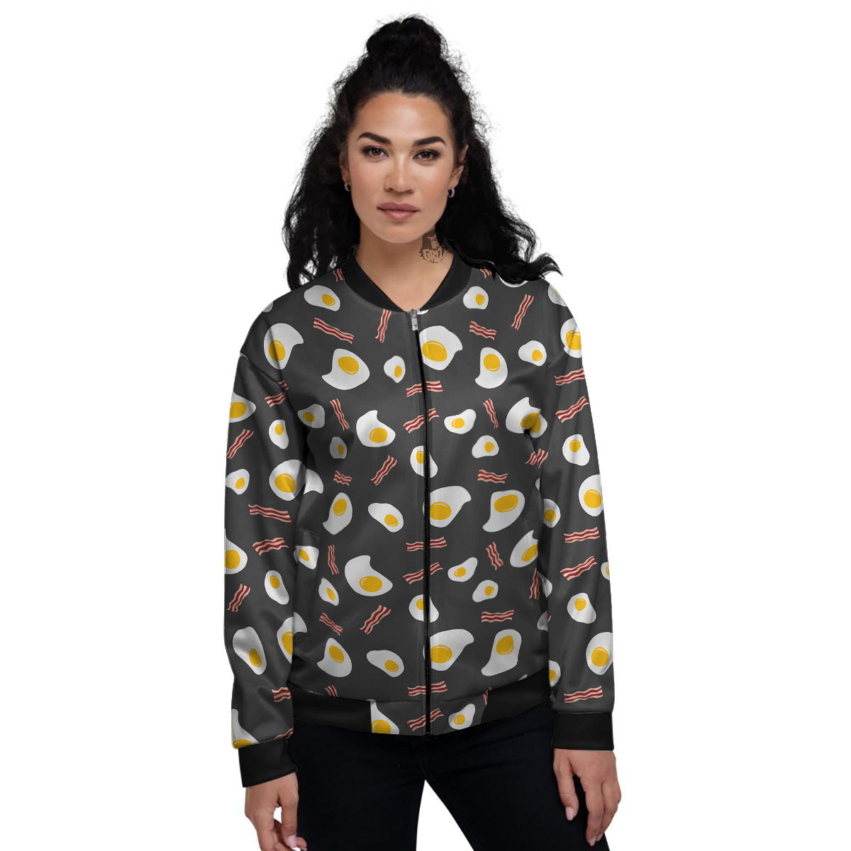 Bacon And Black Fried Egg Print Pattern Women's Bomber Jacket-grizzshop