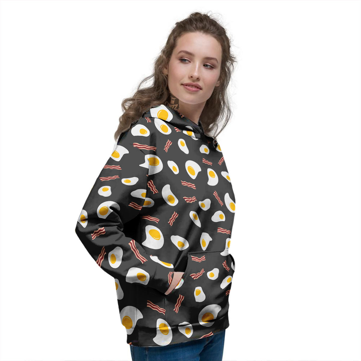 Bacon And Black Fried Egg Print Pattern Women's Hoodie-grizzshop
