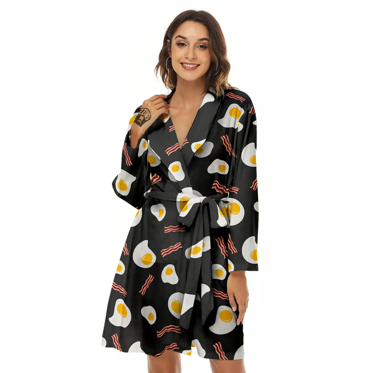 Bacon And Black Fried Egg Print Pattern Women's Robe-grizzshop
