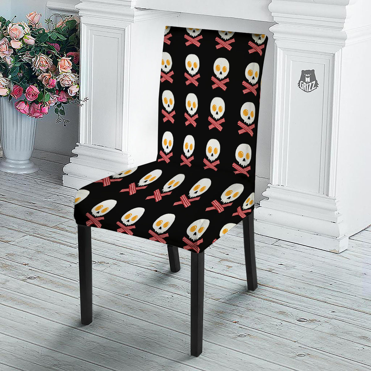 Bacon And Skull Fried Egg Print Pattern Dining Chair Slipcover-grizzshop