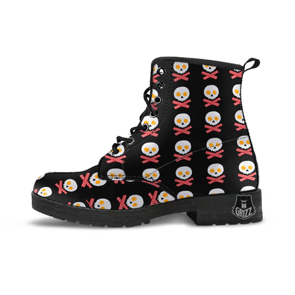 Bacon And Skull Fried Egg Print Pattern Leather Boots-grizzshop
