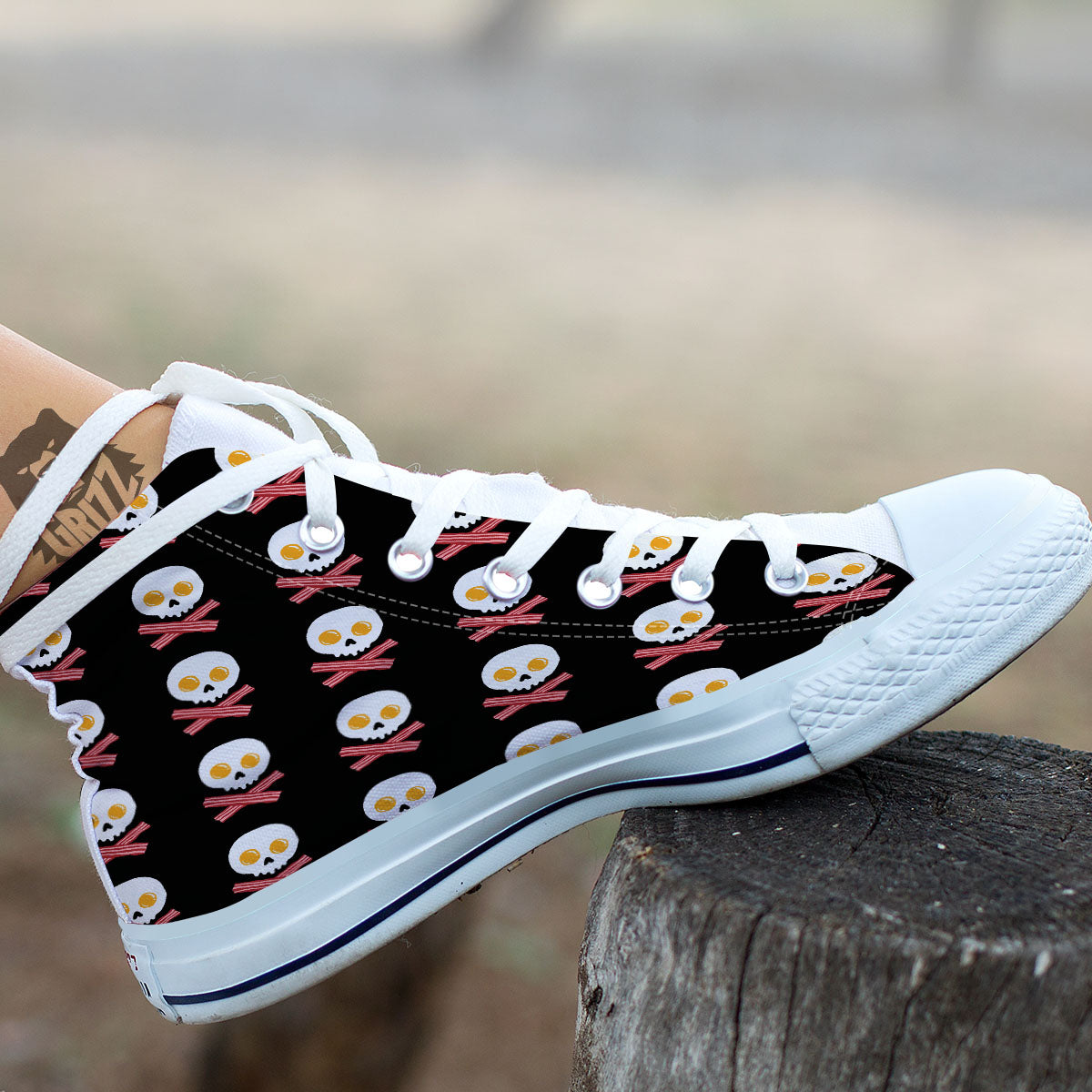 Bacon And Skull Fried Egg Print Pattern White High Top Shoes-grizzshop