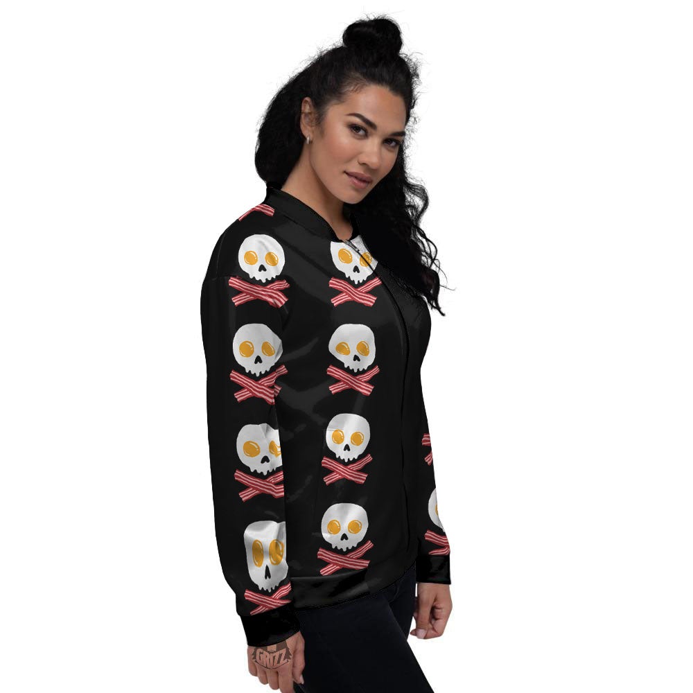 Bacon And Skull Fried Egg Print Pattern Women's Bomber Jacket-grizzshop