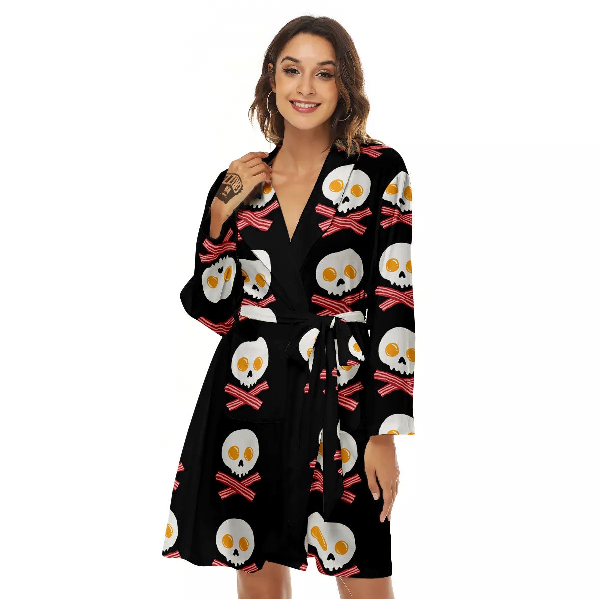 Bacon And Skull Fried Egg Print Pattern Women's Robe-grizzshop
