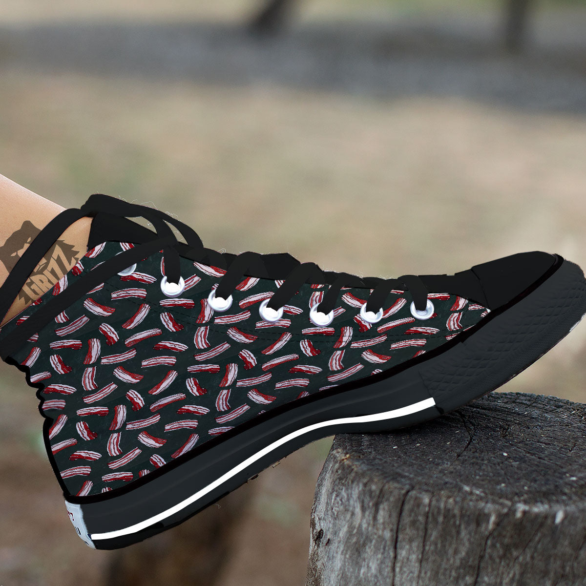 Bacon Black Print Pattern Black High Top Shoes-grizzshop