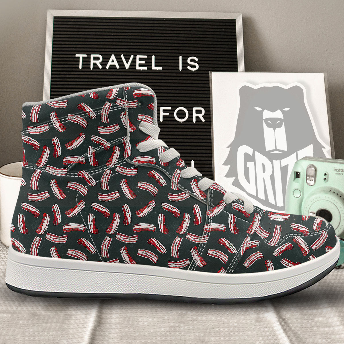 Bacon Black Print Pattern High Top Sneakers-grizzshop