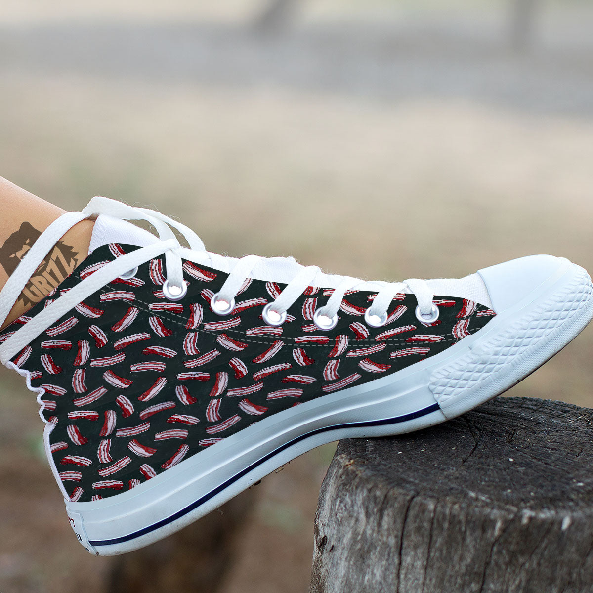 Bacon Black Print Pattern White High Top Shoes-grizzshop