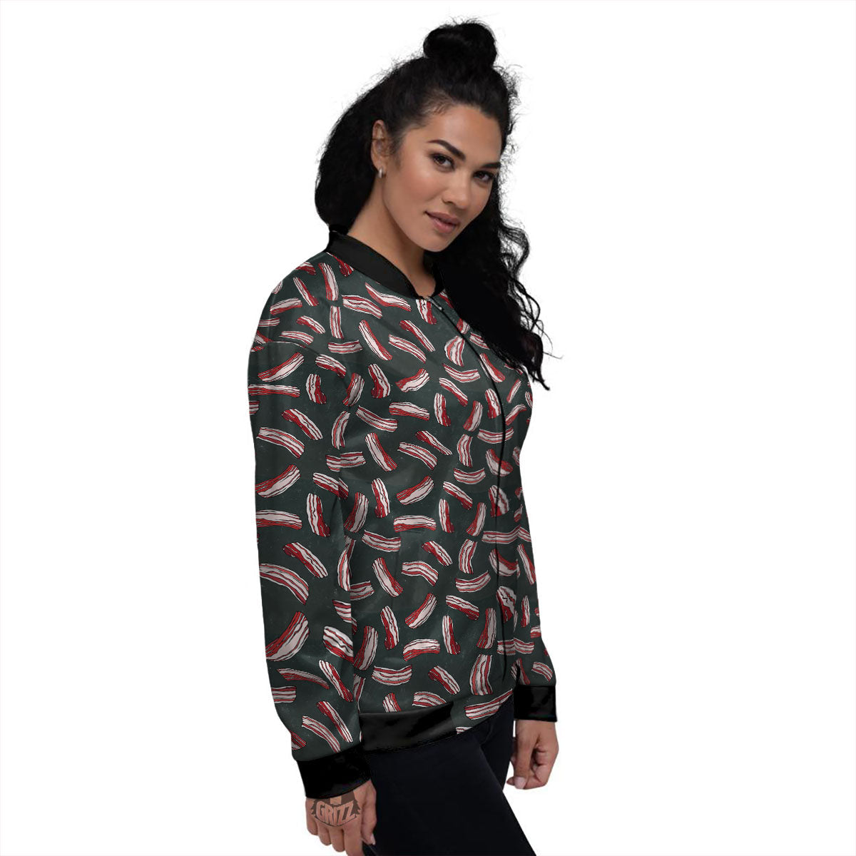 Bacon Black Print Pattern Women's Bomber Jacket-grizzshop
