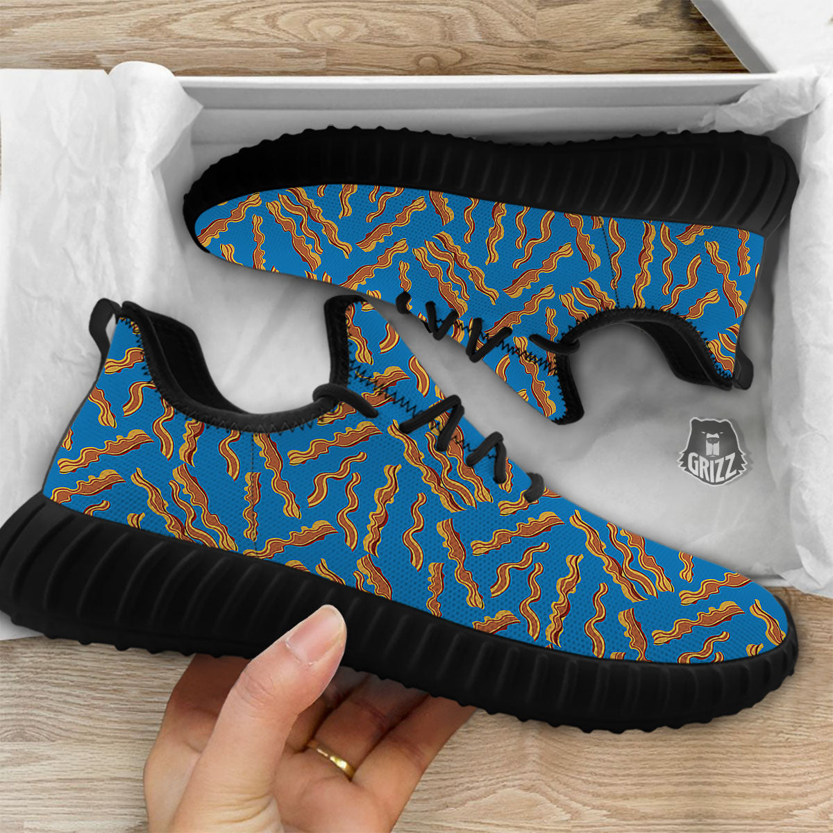Bacon Blue Crispy Print Pattern Black Walking Shoes-grizzshop