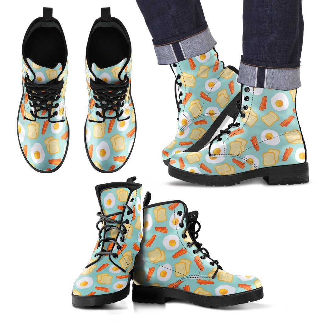 Bacon Egg Bread Pattern Print Men Women Leather Boots-grizzshop