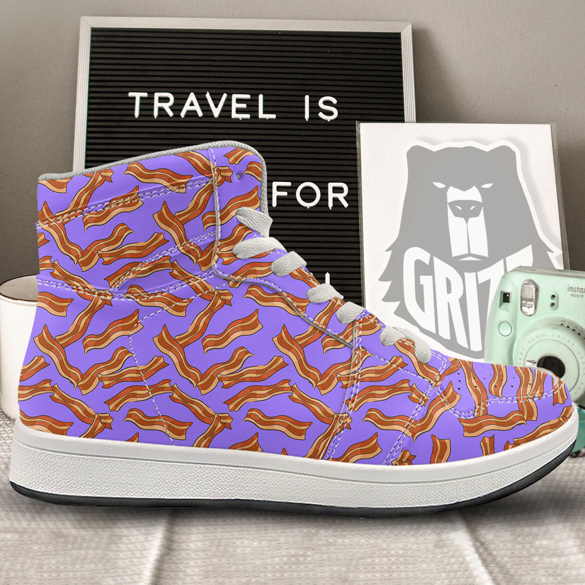 Bacon Purple Print Pattern High Top Sneakers-grizzshop