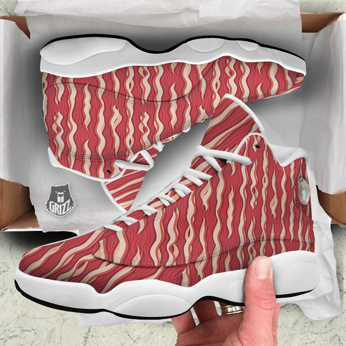 Bacon Texture Print Pattern White Basketball Shoes-grizzshop