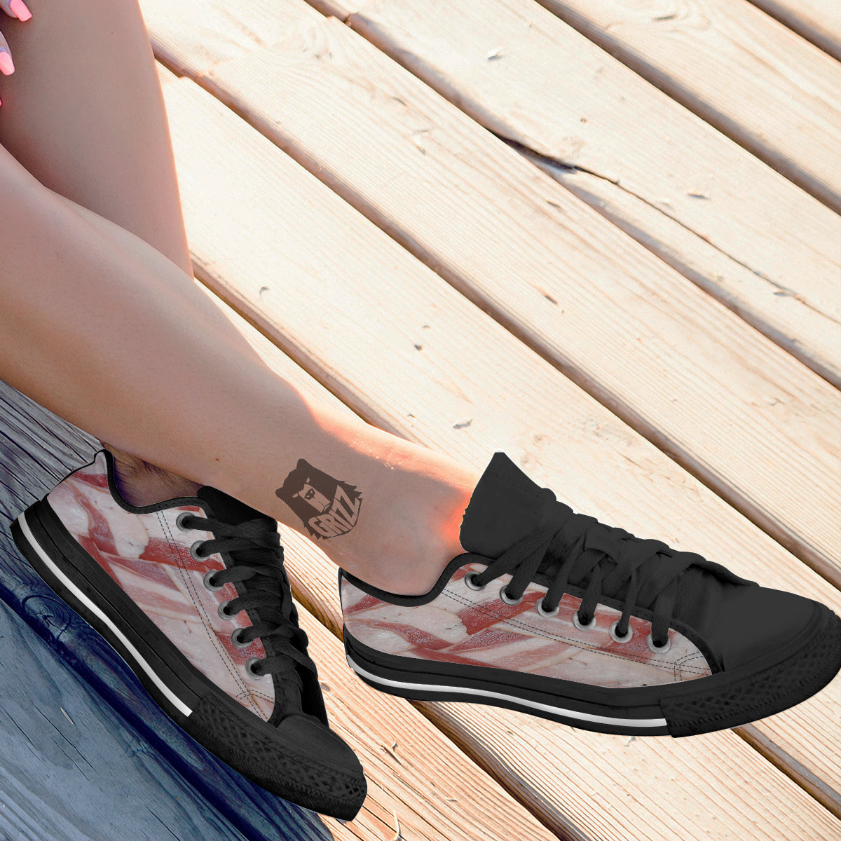Bacon Weaving Print Black Low Top Shoes-grizzshop