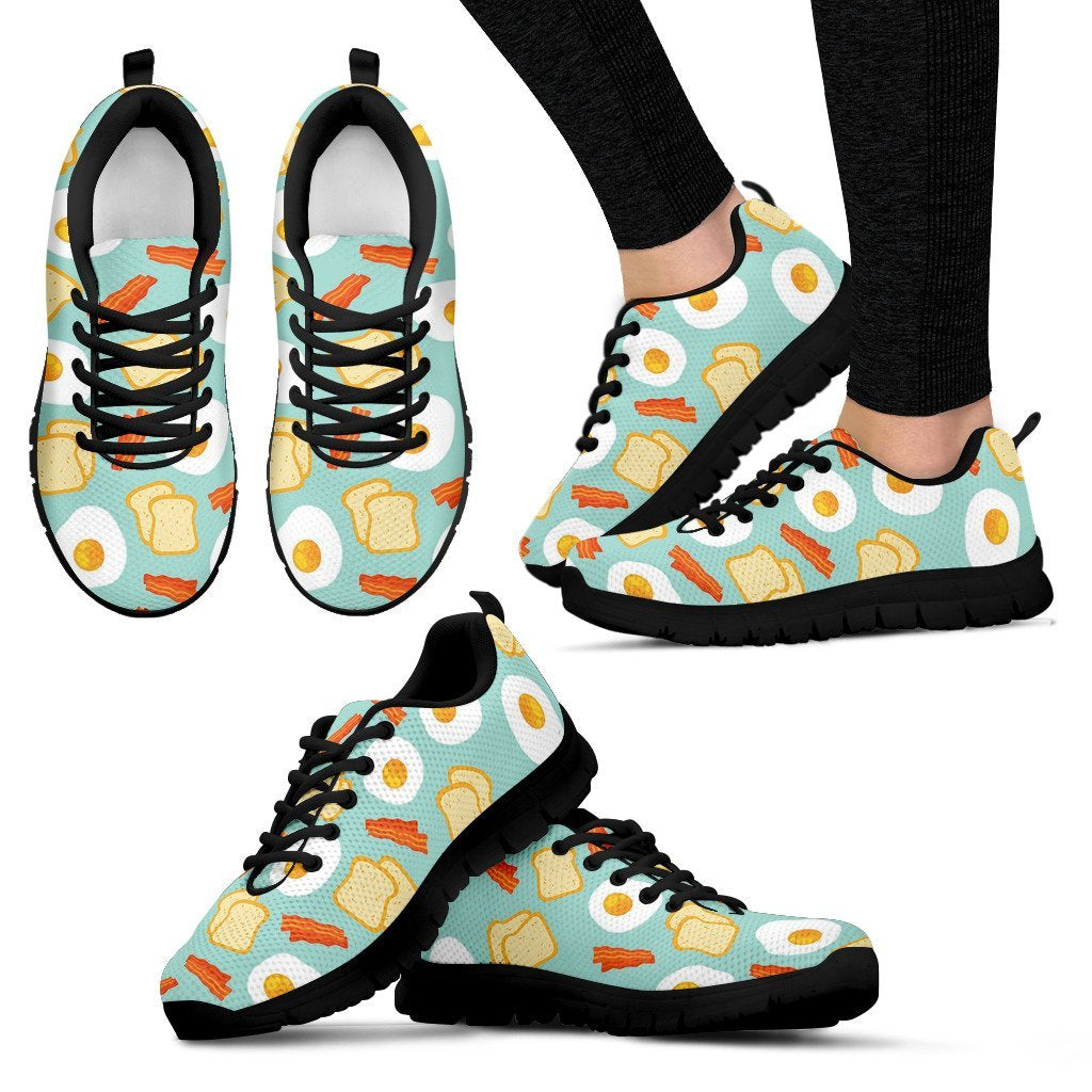 Bacon Egg Bread Pattern Print Black Sneaker Shoes For Men Women-grizzshop