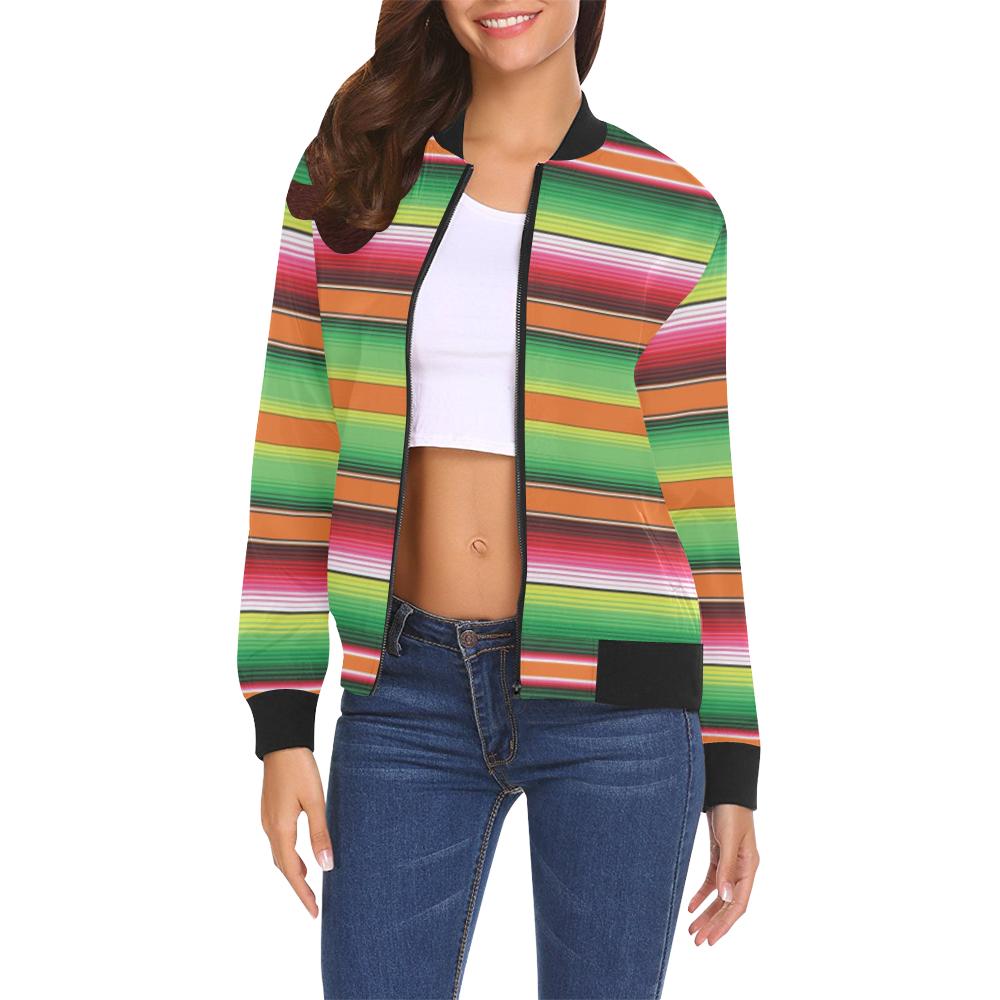 Baja Serape Mexican Blanket Pattern Print Women Casual Bomber Jacket-grizzshop
