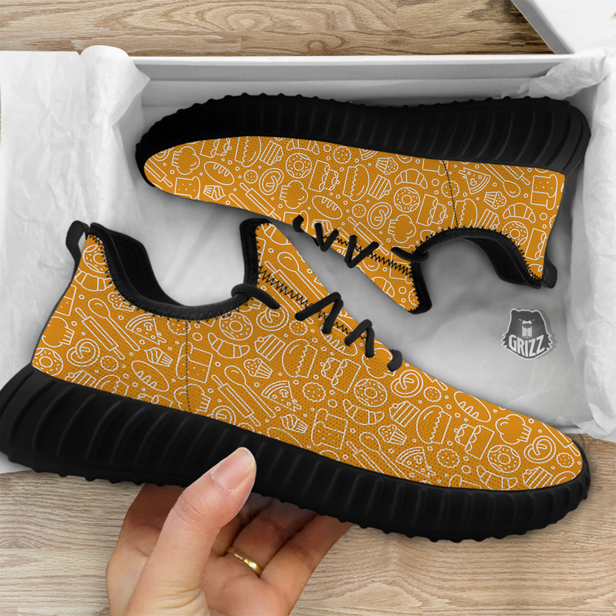 Bakery Yellow Print Pattern Black Walking Shoes-grizzshop