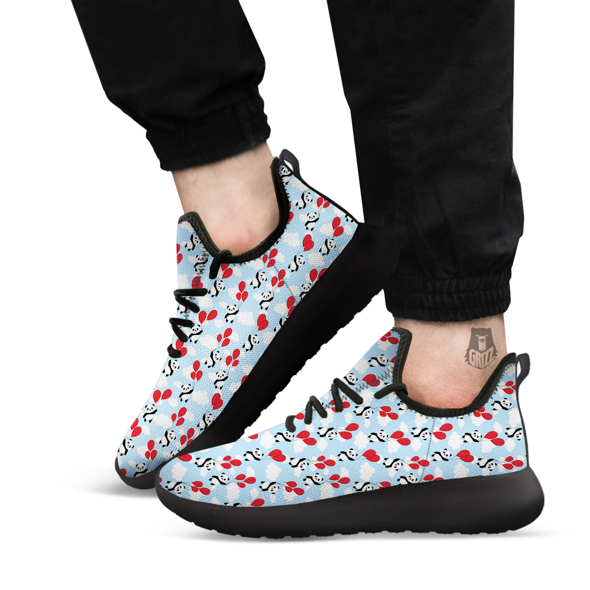 Balloon And Cute Panda Print Pattern Black Athletic Shoes-grizzshop