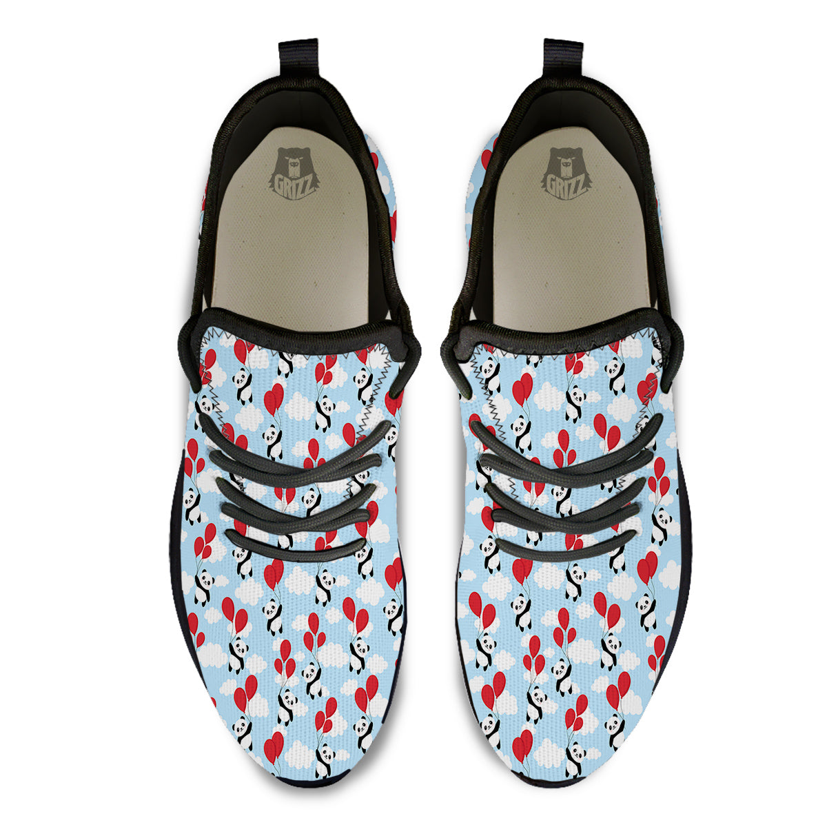 Balloon And Cute Panda Print Pattern Black Athletic Shoes-grizzshop