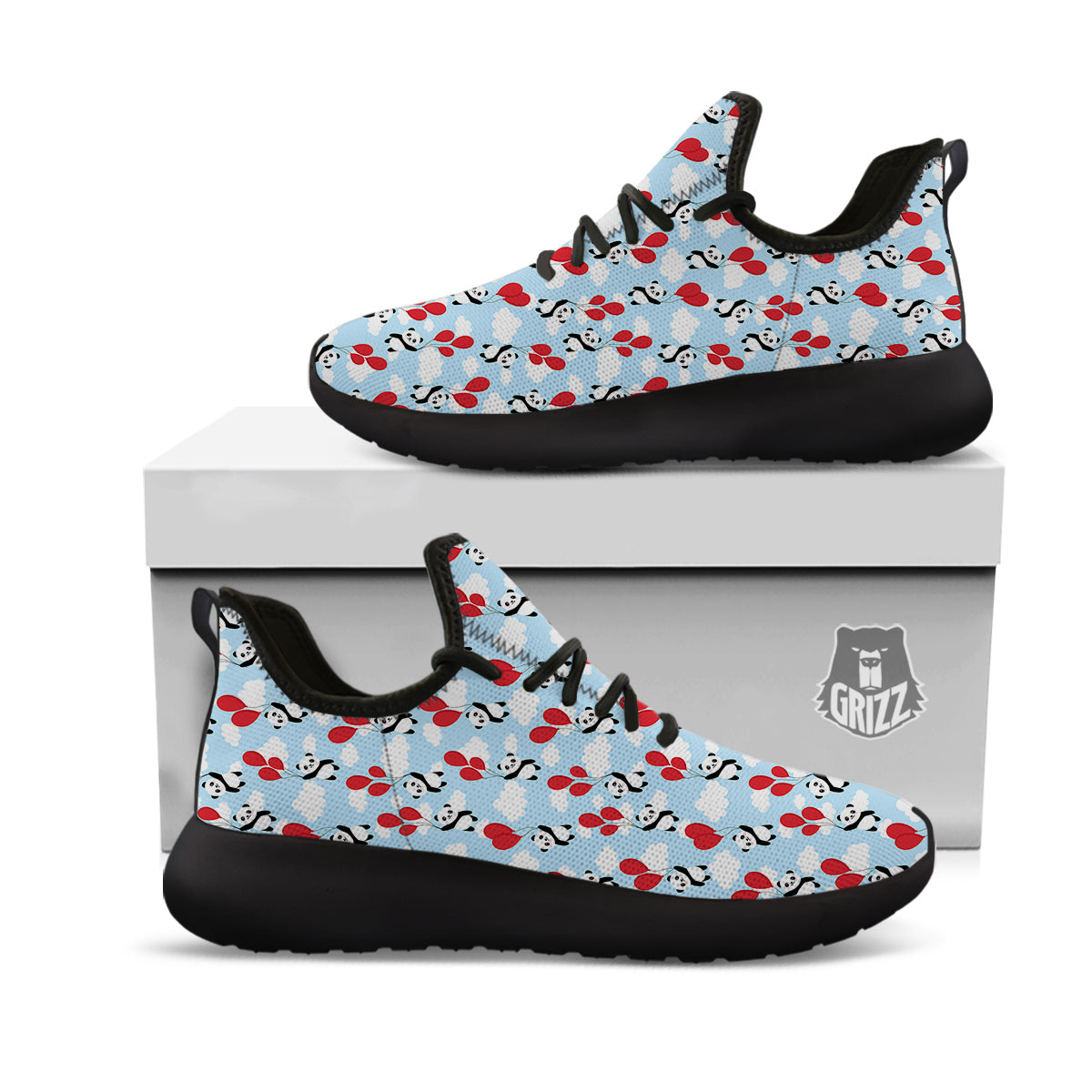 Balloon And Cute Panda Print Pattern Black Athletic Shoes-grizzshop