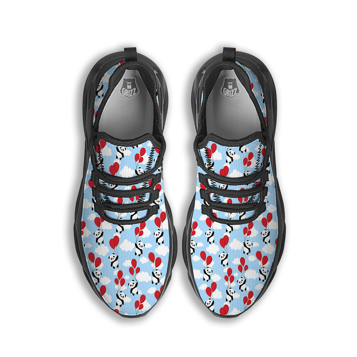 Balloon And Cute Panda Print Pattern Black Running Shoes-grizzshop