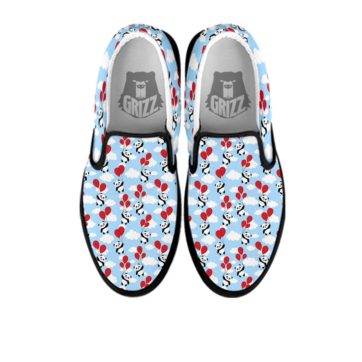 Balloon And Cute Panda Print Pattern Black Slip On Shoes-grizzshop