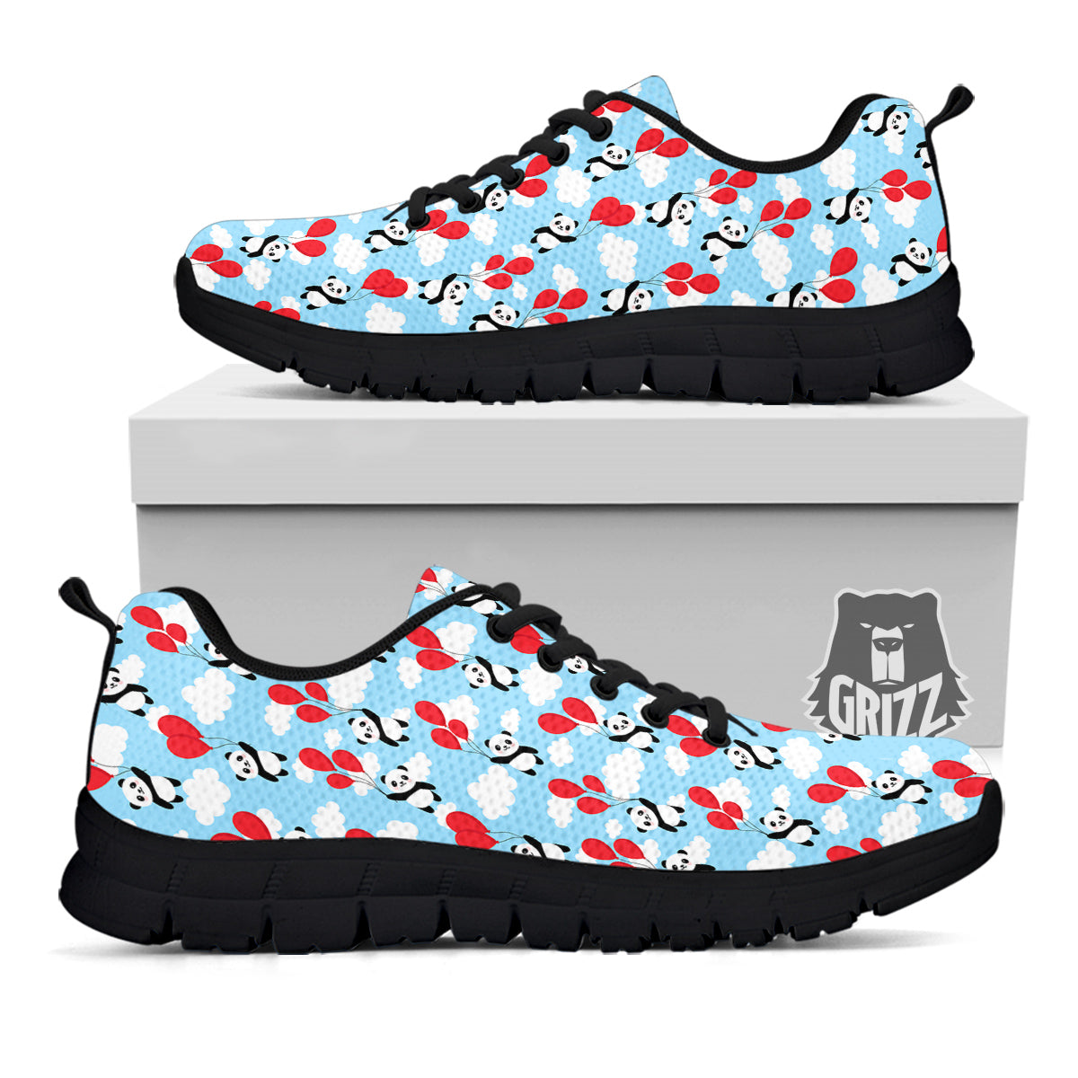 Balloon And Cute Panda Print Pattern Black Sneaker-grizzshop