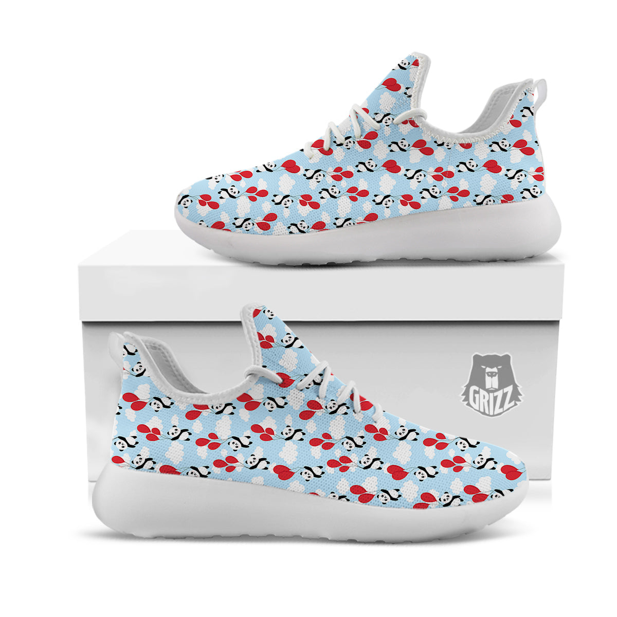 Balloon And Cute Panda Print Pattern White Athletic Shoes-grizzshop