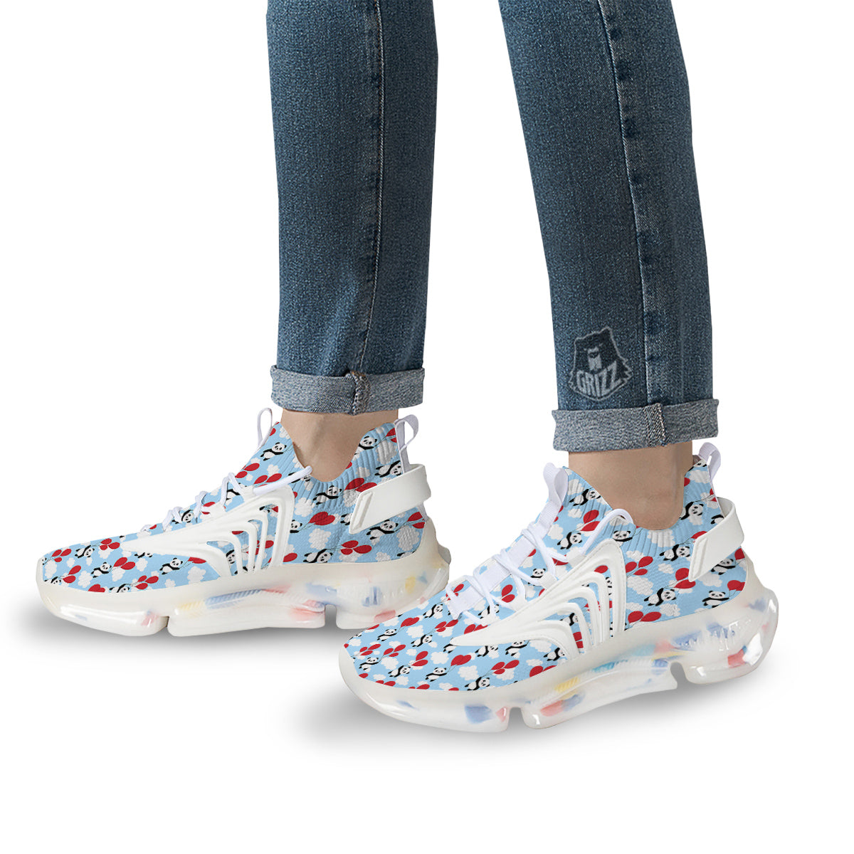 Balloon And Cute Panda Print Pattern White Gym Shoes-grizzshop
