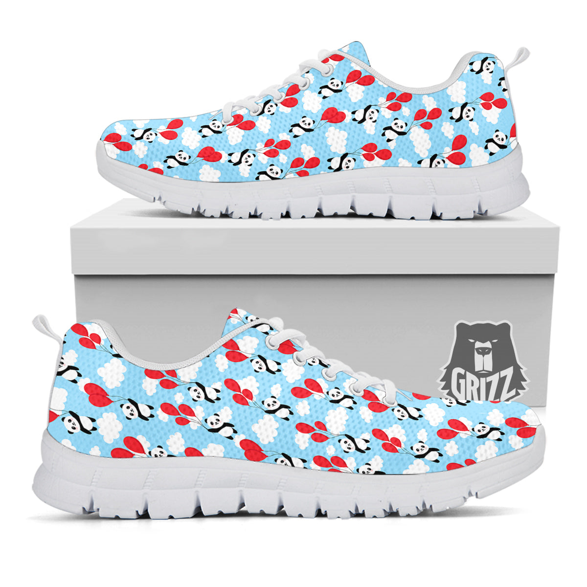 Balloon And Cute Panda Print Pattern White Sneaker-grizzshop