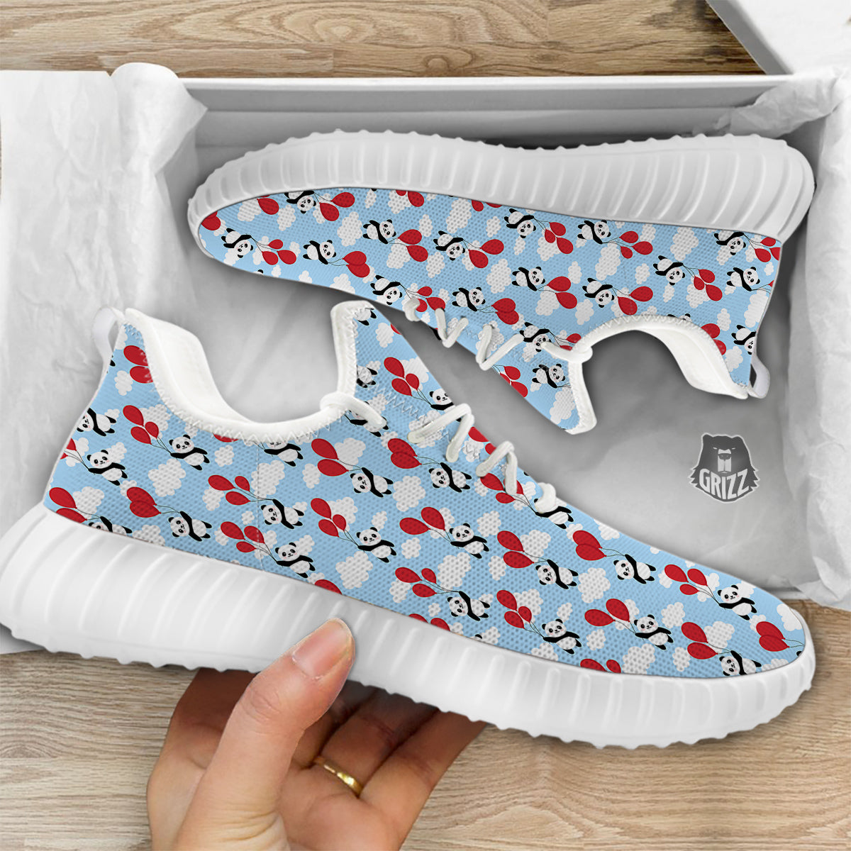 Balloon And Cute Panda Print Pattern White Walking Shoes-grizzshop